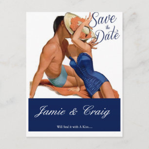Vintages Küssen der Save the Date Postkarte der 50