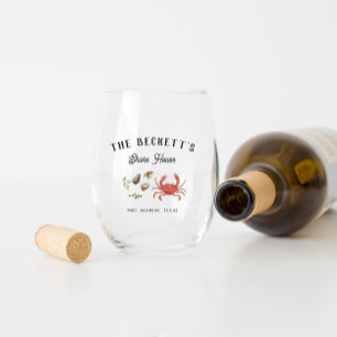 Vintages Küstenmeer Personalisiertes Strandhaus Weinglas Ohne Stiel