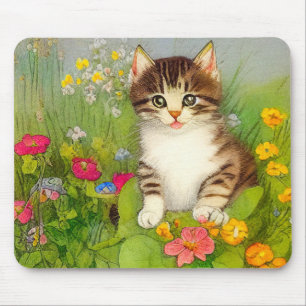 Vintages Lächeln Katze Illustration Mousepad