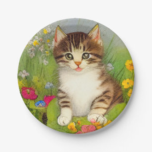 Vintages Lächeln Katze Illustration Pappteller