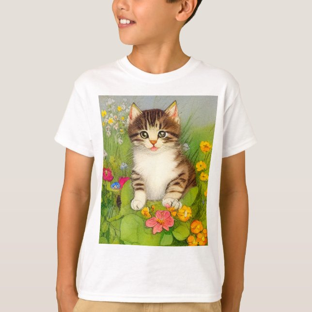 Vintages Lächeln Katze Illustration T-Shirt (Vorderseite)