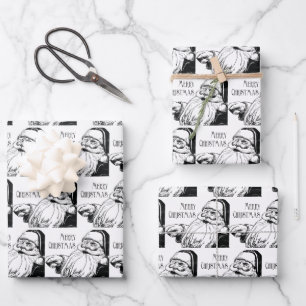 Vintages Lachen Santa Black und White Merry Geschenkpapier Set
