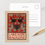 Vintages Lakeside-Magazin Postkarte<br><div class="desc">Lakeside Magazine (ca. 1890-1920) | Dieses Vintage Lakeside Magazine Cover von Louise Bancroft Stevens besticht durch ein elegantes Pfauendesign, das botanische Details wunderbar mit den anmutigen Silhouetten der Pfauen verbindet. Die Schwanz-Federn der Pfaue fließen in eine aufwändige Blumenausstellung und Blätter hinein, die eine harmonische Mischung aus natürlichen und dekorativen Elementen...</div>