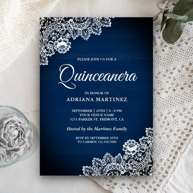 Vintages Land Navy Blue Wood Lace Quinceanera Einladung (Von Creator hochgeladen)