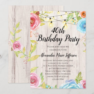 Vintages Land Rustikale Saitenbeleuchtung 40. Gebu Einladung