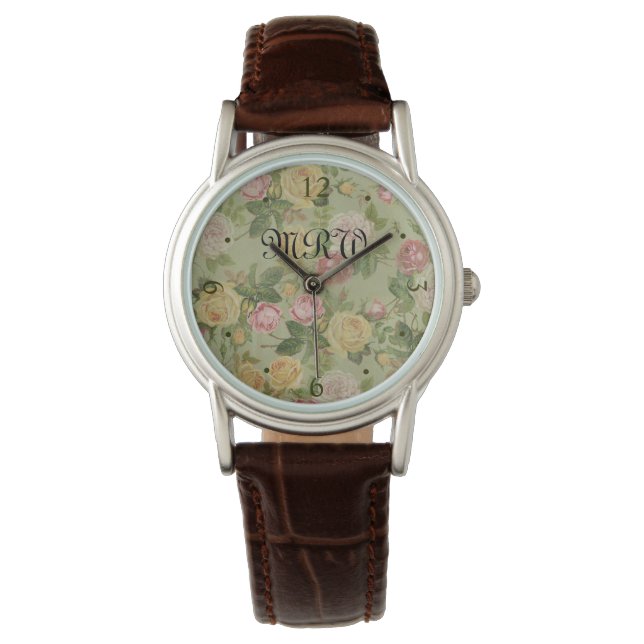 Vintages Land Wetterblumen Mit Monogramm Armbanduhr (Vorderseite)