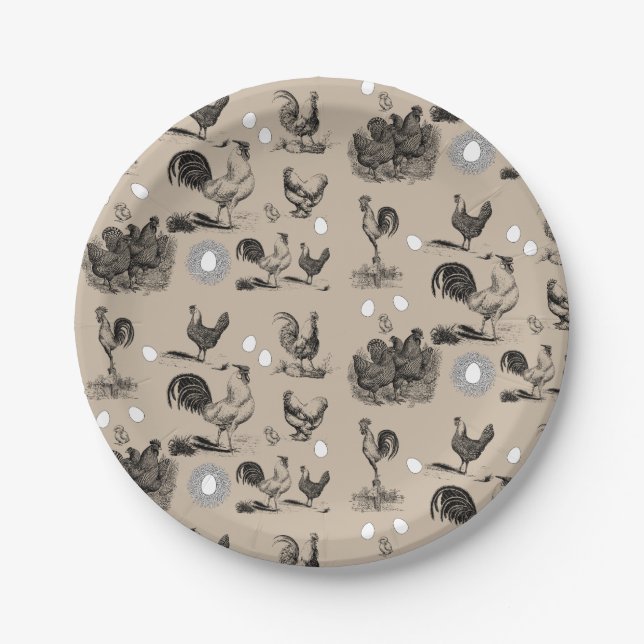 Vintages Landhühnerroster-Eiermuster Pappteller (Vorderseite)