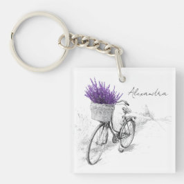 Vintages Lavendel-Fahrrad mit Blume-Korb Schlüsselanhänger