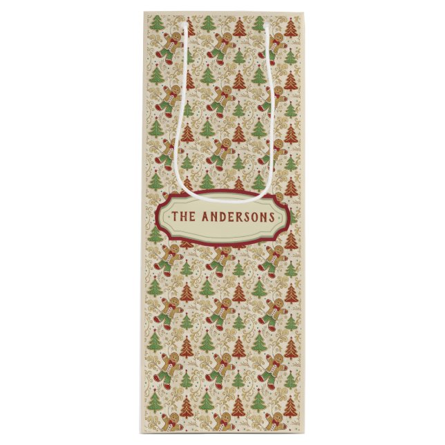 Vintages Lebkuchen Menschen & Weihnachtsbäume Geschenktüte Für Weinflaschen (Vorderseite)