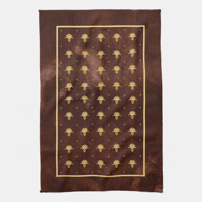 Vintages Lederbraun- und GoldDamaskatmuster Handtuch (Vertikal)