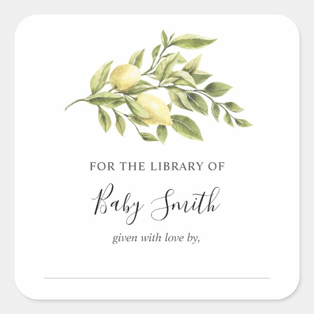 Vintages Lemon Baby Dusche Buchzeichen Quadratischer Aufkleber (Vorderseite)