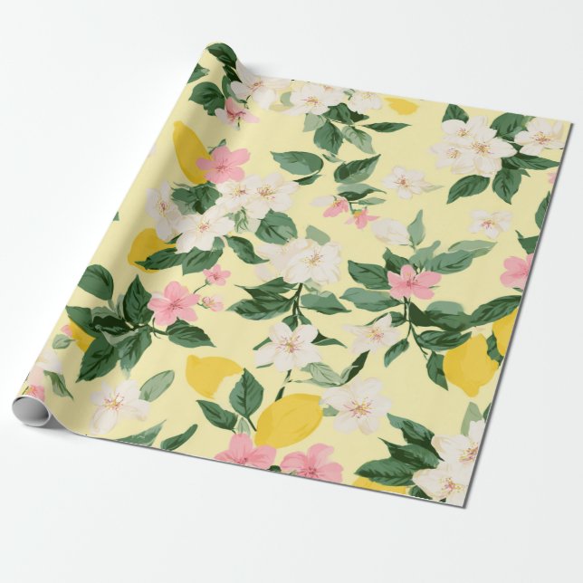 Vintages Lemon & Blossom-Muster auf Gelb Geschenkpapier (Ungerollt)