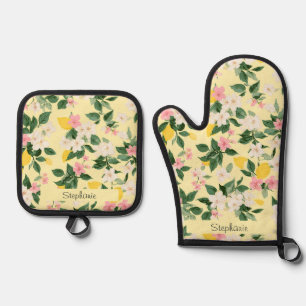 Vintages Lemon & Blossom-Muster auf Gelb Ofenhandschuh & Topflappen-Set