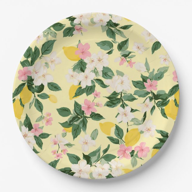 Vintages Lemon & Blossom-Muster auf Gelb Pappteller (Vorderseite)