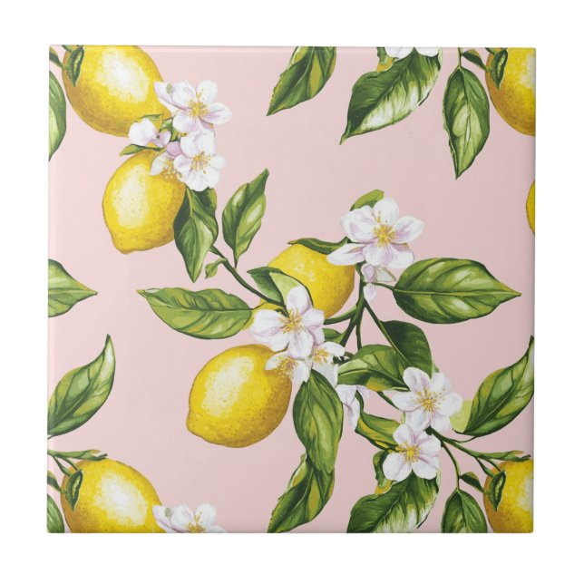 Vintages Lemon & Blossom-Muster auf rosa (2) Fliese (Vorderseite)