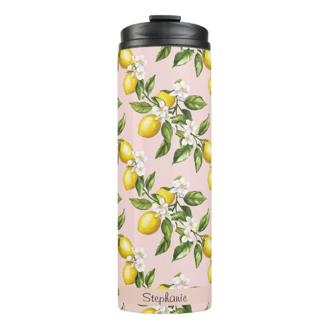 Vintages Lemon & Blossom-Muster auf rosa (2) Thermosbecher (Vorderseite)