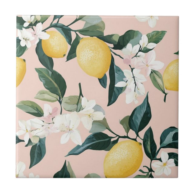 Vintages Lemon & Blossom-Muster in rosa Fliese (Vorderseite)