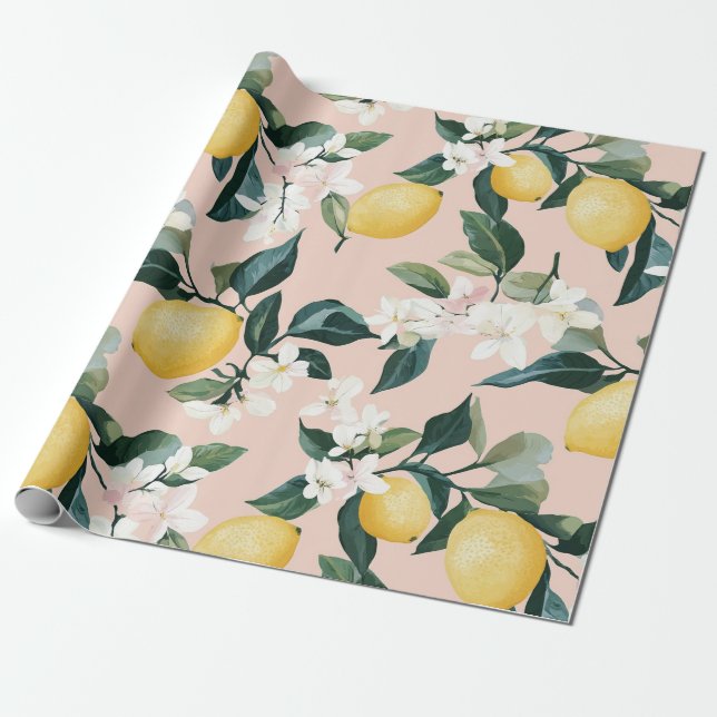 Vintages Lemon & Blossom-Muster in rosa Geschenkpapier (Ungerollt)