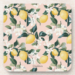 Vintages Lemon & Blossom-Muster in rosa Getränkeuntersetzer
