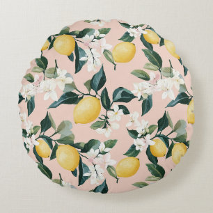 Vintages Lemon & Blossom-Muster in rosa Rundes Kissen