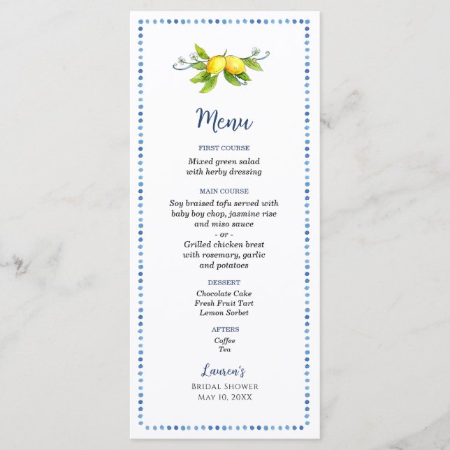Vintages Lemon-Brautparty Menükarte (Vorderseite)