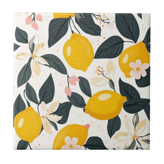 Vintages Lemon- und rosa Blossom-Muster Fliese (Vorderseite)