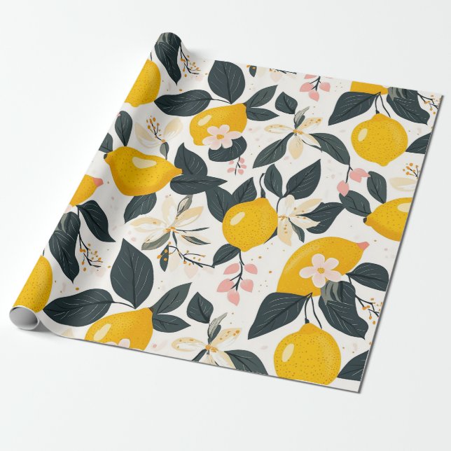 Vintages Lemon- und rosa Blossom-Muster Geschenkpapier (Ungerollt)