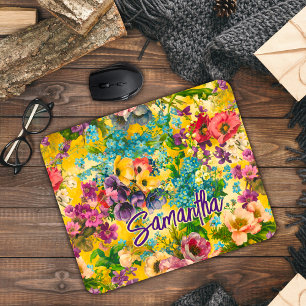 Vintages lila-blorgelbes Muster, monogramm Mousepad