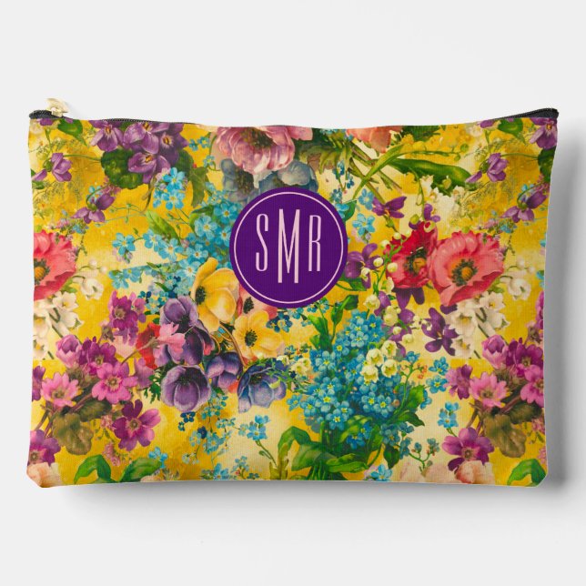 Vintages lila-blorgelbes Muster, monogramm Zubehörtasche (Vorderseite)