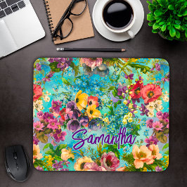 Vintages lila blumenblaues Muster Monogramm Mousepad