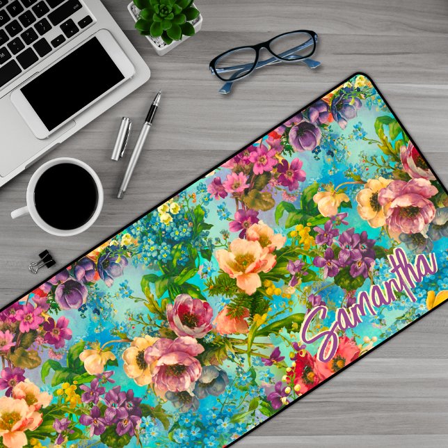 Vintages lila blumenblaues Muster Monogramm Schreibtischunterlage (Von Creator hochgeladen)