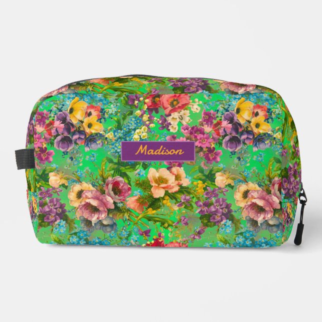Vintages lila Blumenmuster Monogramm Waschbeutel (Vorderseite)