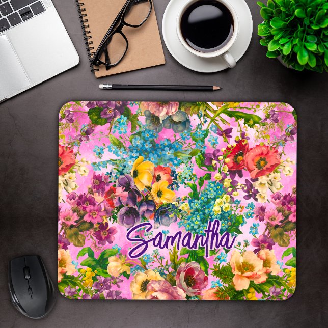 Vintages lila Blumenrosa-Muster Mousepad (Von Creator hochgeladen)