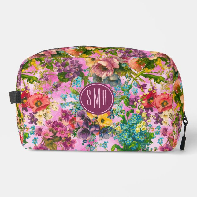 Vintages lila Blumenrosa-Muster Waschbeutel (Vorderseite)