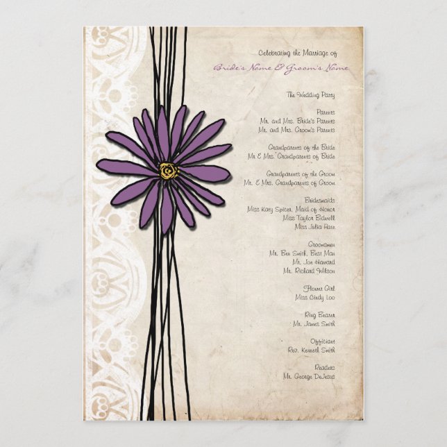 Vintages Lila Daisy-Hochzeitsprogramm Programm (Vorderseite)