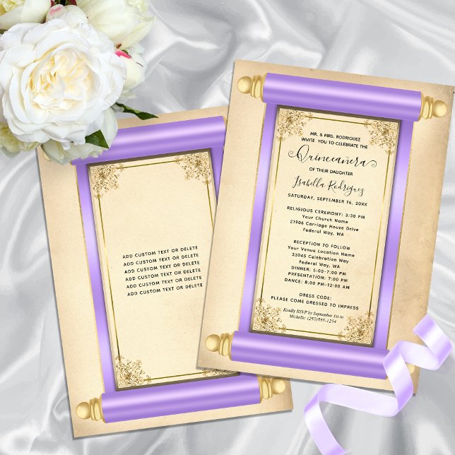 Vintages Lilac Gold Scroll Einladung (Vintage Lilac Gold Scroll Elegant Quinceañera Invitation)