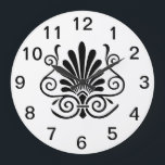 Vintages Look Art Deko Plume Muster schwarz auf we Große Wanduhr<br><div class="desc">Ein elegantes,  kühnes,  romantisches Vintages Look Art Art Deko plume geformt Design auf weißem Hintergrund</div>