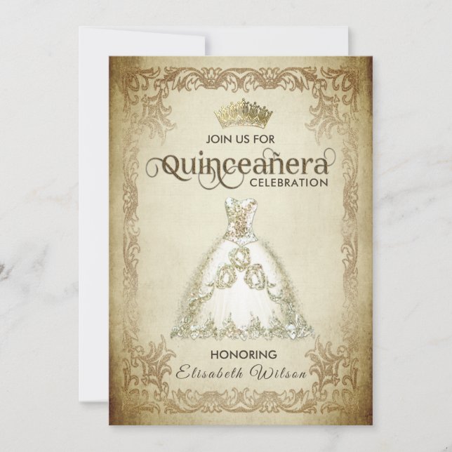 Vintages Luxus-funkelndes Kleid tiara Quinceañera Einladung (Vorderseite)