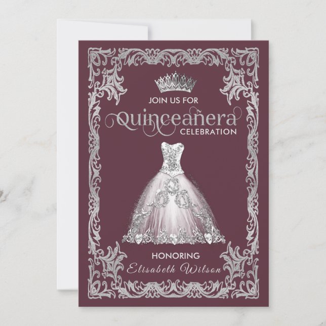 Vintages Luxus-funkelndes Kleid tiara Quinceañera Einladung (Vorderseite)