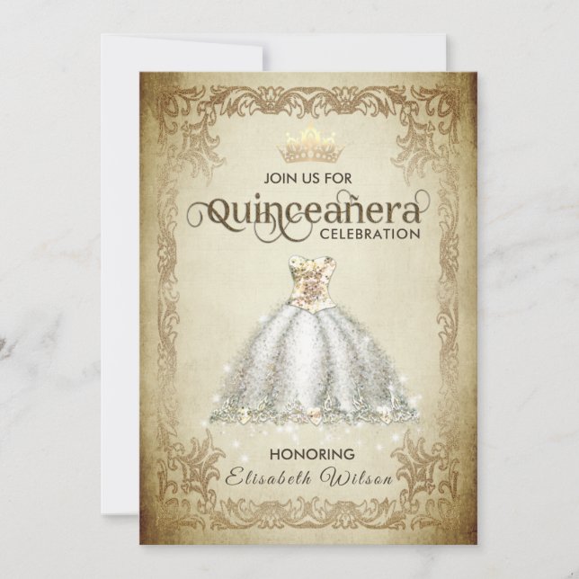 Vintages Luxus-funkelndes Kleid tiara Quinceañera Einladung (Vorderseite)