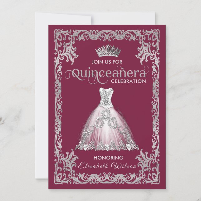 Vintages Luxus-funkelndes Kleid tiara Quinceañera Einladung (Vorderseite)