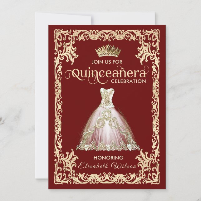 Vintages Luxus-funkelndes Kleid tiara Quinceañera Einladung (Vorderseite)