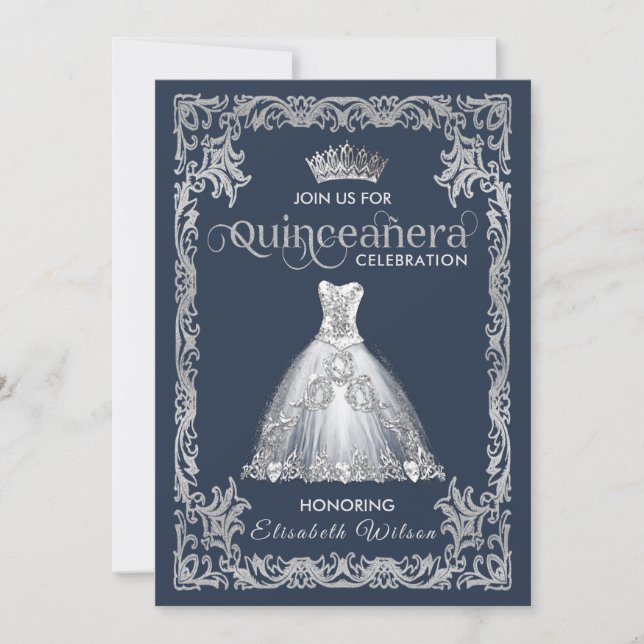 Vintages Luxus-funkelndes Kleid tiara Quinceañera Einladung (Vorderseite)