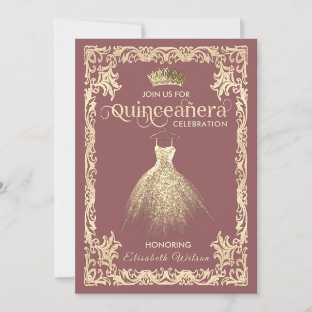 Vintages Luxus-funkelndes Kleid tiara Quinceañera Einladung (Vorderseite)
