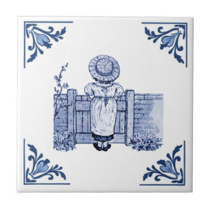Vintages Mädchen am Gate Delft Corner Blau und Wei Fliese