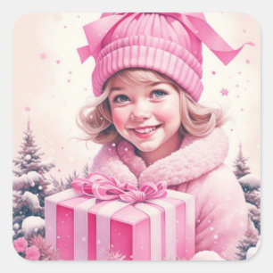 Vintages Mädchen in Rosa mit Geschenkboxen Quadratischer Aufkleber