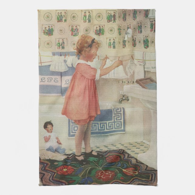 Vintages Mädchen, Kinderwäscherei Hängekleidung Geschirrtuch (Vertikal)