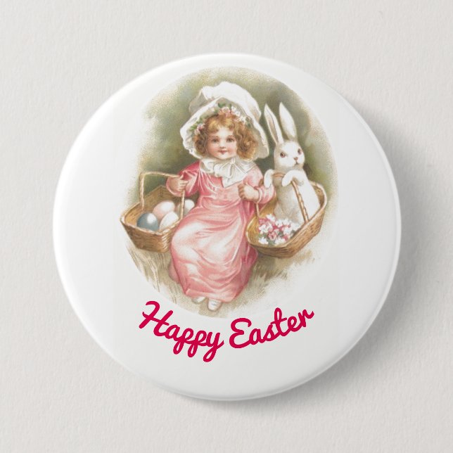 Vintages Mädchen mit Aktionskörbchen Button (Vorderseite)