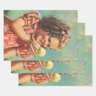Vintages Mädchen mit Baby Chick, glückliches Kind Geschenkpapier Set