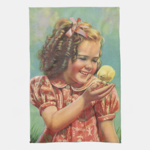 Vintages Mädchen mit Baby Chick, glückliches Kind Geschirrtuch